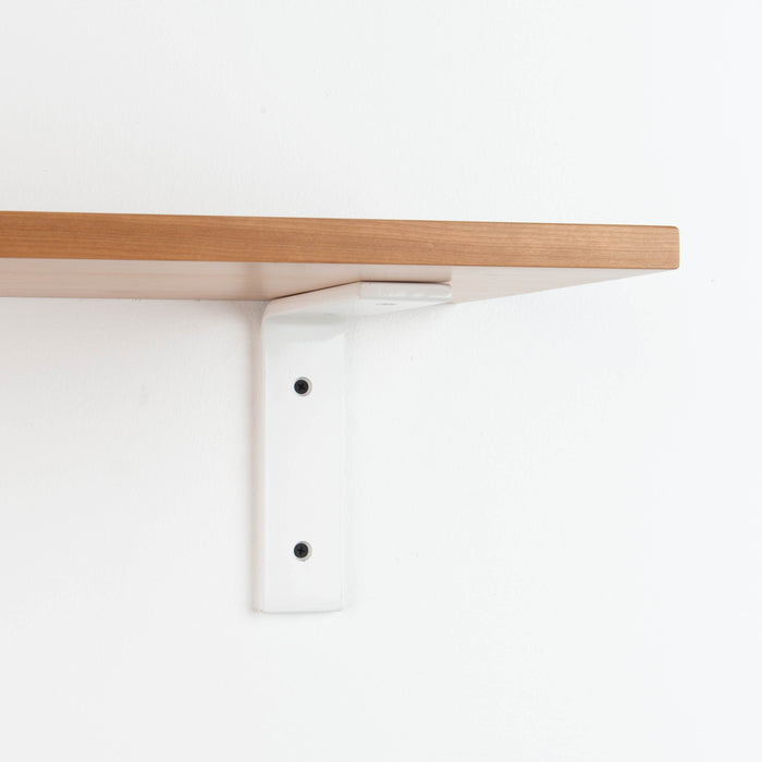 Leif Cherry Wall Shelf with smooth cherry wood and white metal L bracket for clean, sturdy floating shelf display