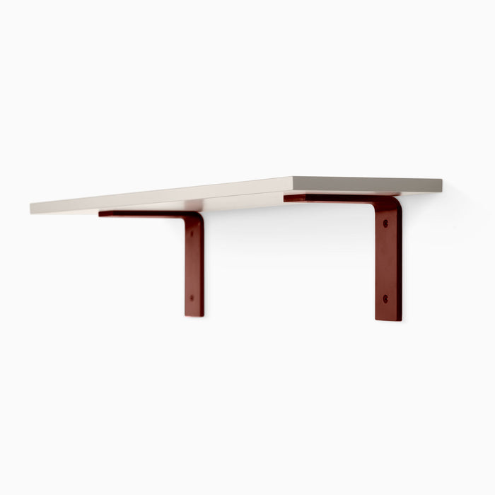 Leif Concretey Wall Shelf with solid alder wood and rust-resistant red metal L brackets for minimalist wall display and organization