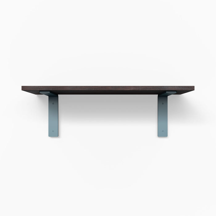 Leif Dutch Mocha Wall Shelf with solid alder wood in satin clear finish and wide blue metal L brackets for sturdy display