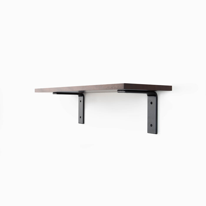 Leif Dutch Mocha Wall Shelf with solid alder wood in satin clear finish and matte black metal L brackets for display and storage