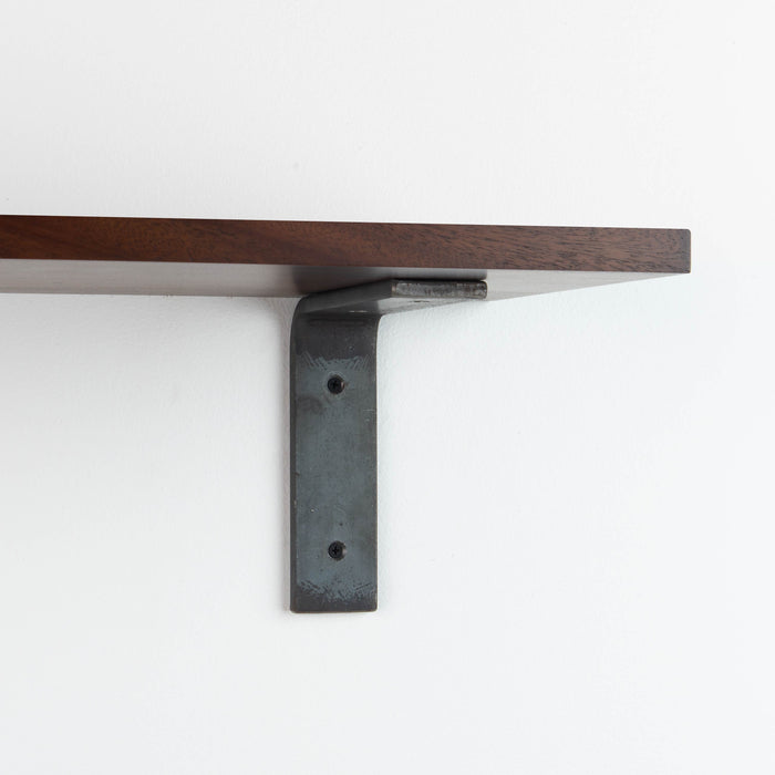 Leif Dutch Mocha Wall Shelf with solid alder wood and rustic wide metal L bracket for sturdy wall display
