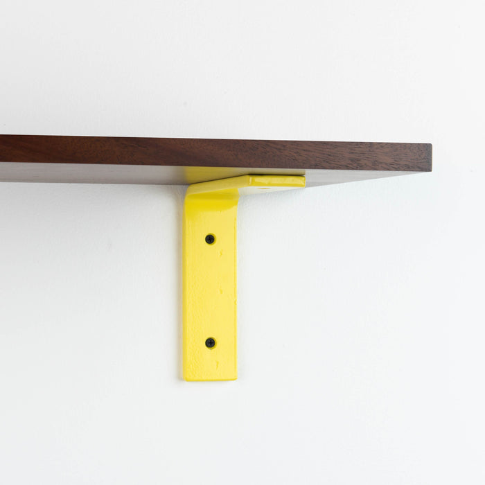 Leif Dutch Mocha Wall Shelf with solid alder wood and bright yellow metal L bracket for vibrant, sturdy wall display