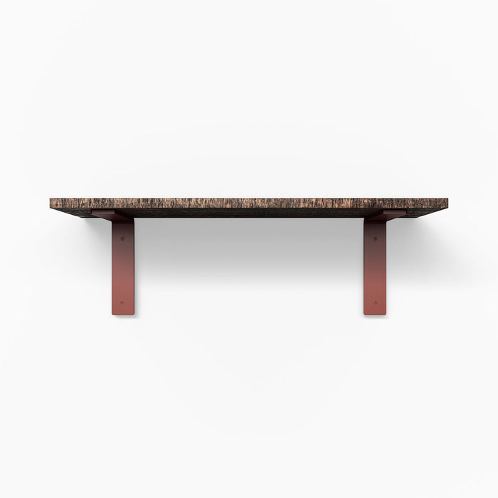 Leif Espresso Rustic Wall Shelf with solid alder wood and wide red metal L brackets for sturdy floating shelf display