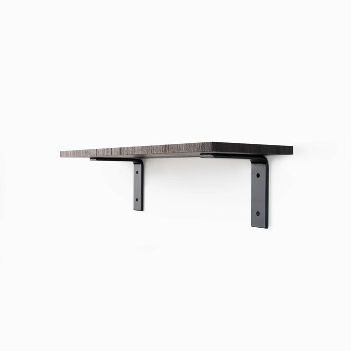 Leif Espresso Rustic Wall Shelf with solid alder wood and matte black metal brackets for sturdy floating shelf support