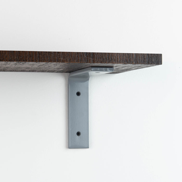 Leif Espresso Rustic Wall Shelf with solid alder wood and grey metal L bracket for sturdy floating shelf display