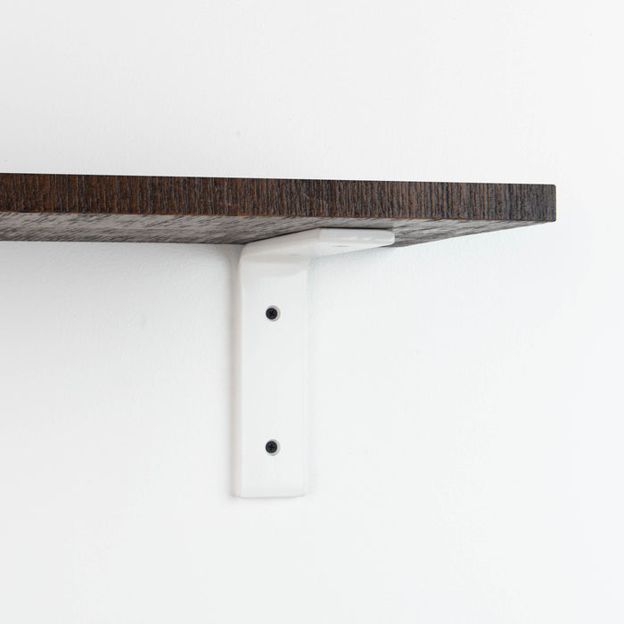 Leif Espresso Rustic Wall Shelf with satin clear alder wood and white metal L bracket for minimalist wall shelf display