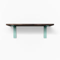 Leif Espresso Wall Shelf with solid alder wood and teal metal L brackets for functional floating shelf display