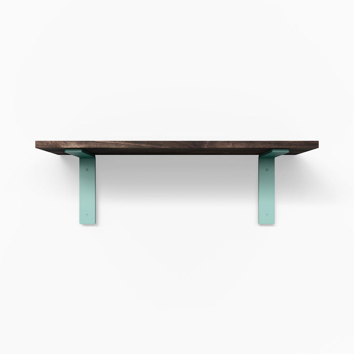 Leif Espresso Wall Shelf with solid alder wood and teal metal L brackets for functional floating shelf display