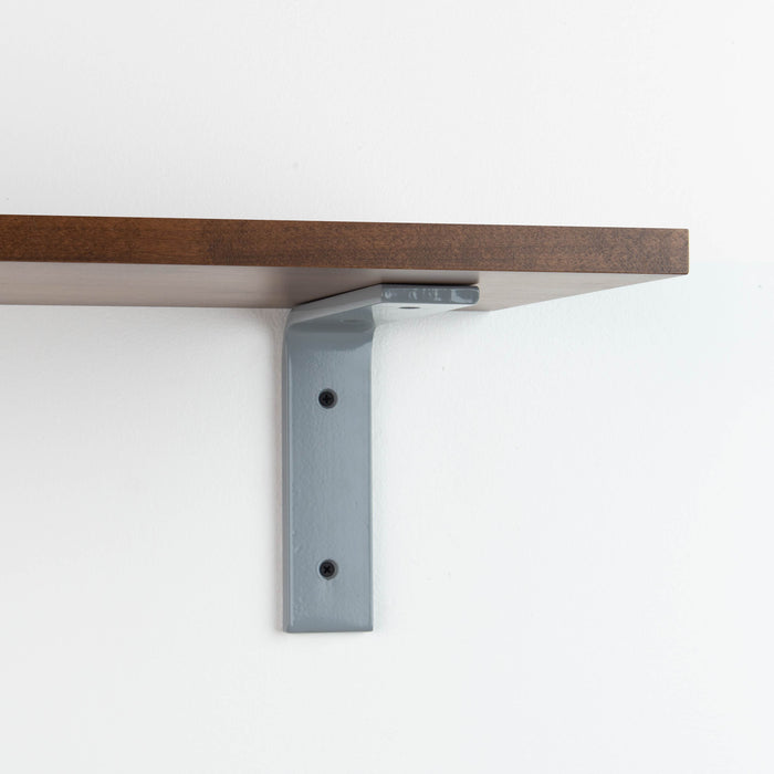 Leif Espresso Wall Shelf with solid alder wood and satin clear finish supported by smooth grey metal L bracket for floating shelf display