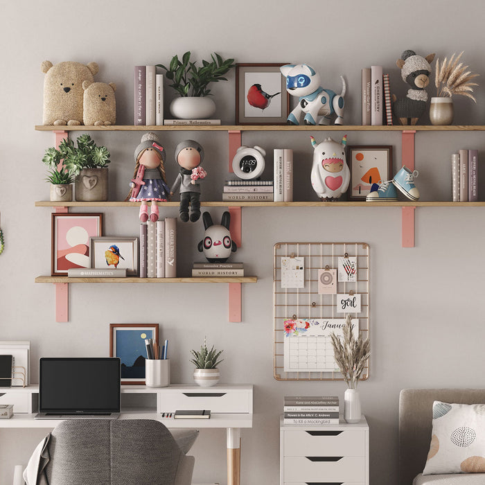 Leif Tungsten Wall Shelf with satin clear alder wood and soft coral metal floating shelf brackets in a cozy bedroom setup