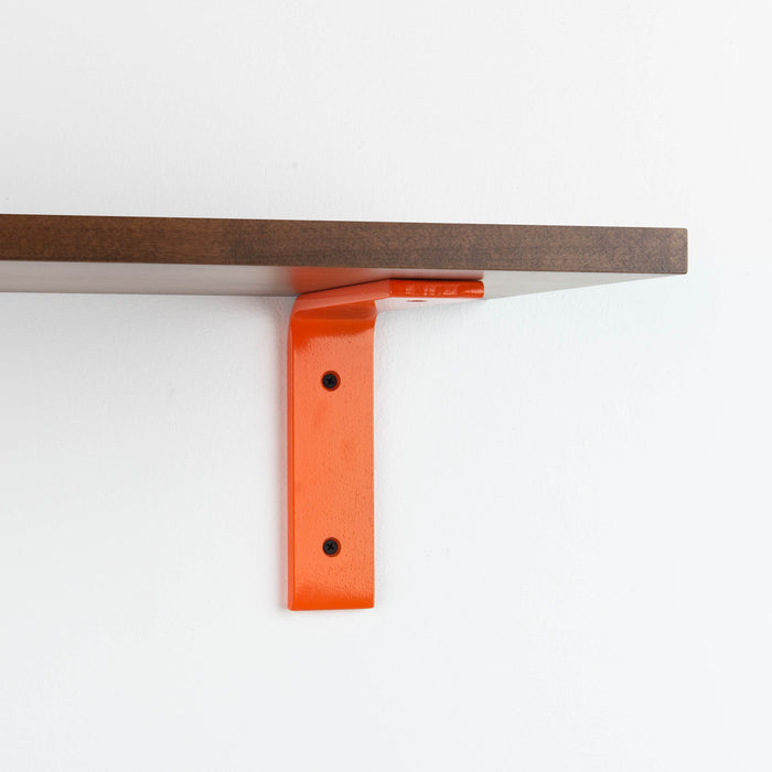 Leif Espresso Wall Shelf with solid alder wood and bright orange metal L bracket for vibrant floating shelf support