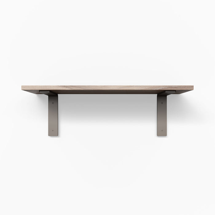 Leif Glazed White Oak Wall Shelf with satin clear alder wood and wide satin grey metal L brackets for sturdy display