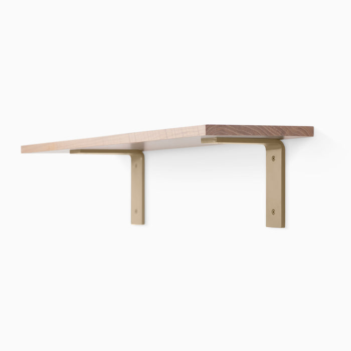 Leif Glazed White Oak Wall Shelf with satin clear alder wood and muted beige metal L brackets for durable wall display