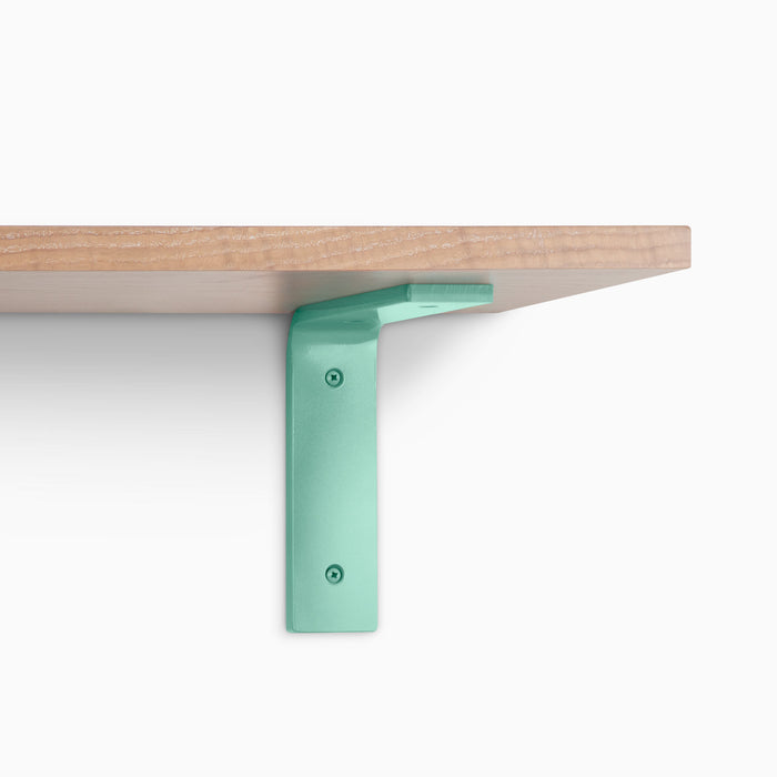 Leif Glazed White Oak Wall Shelf with solid alder wood and smooth teal metal L bracket for sturdy wall shelf support