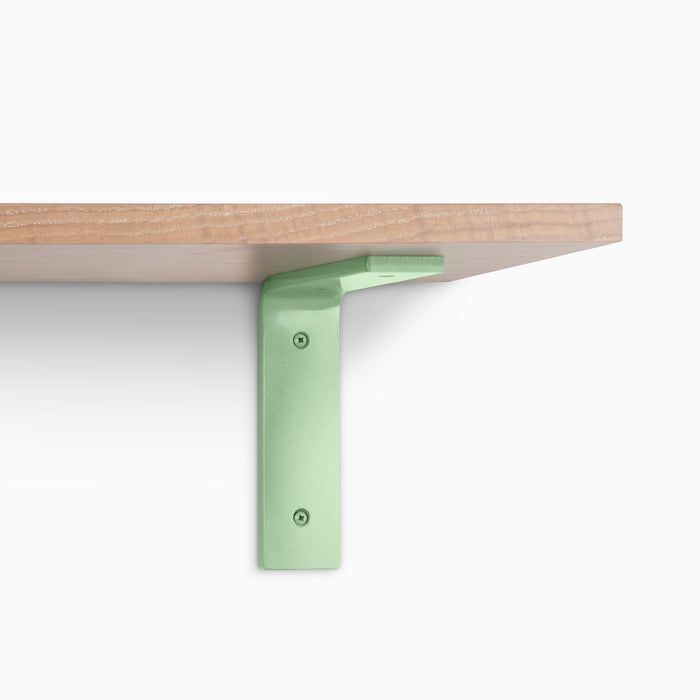 Leif Glazed White Oak Wall Shelf with solid alder wood and muted green metal L bracket for sleek wall display