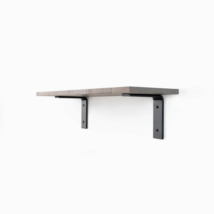 Leif Hatch Grey Rustic Wall Shelf with satin clear alder wood and matte black metal L brackets for sturdy wall display