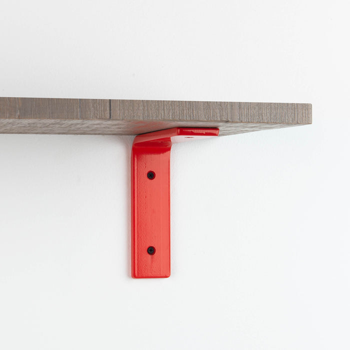 Leif Hatch Grey Rustic Wall Shelf with satin clear alder wood and bright red metal L bracket for sturdy wall display