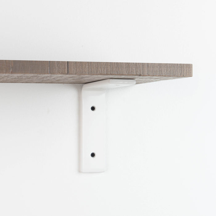 Leif Hatch Grey Rustic Wall Shelf with satin clear alder wood and white metal L bracket for durable wall display