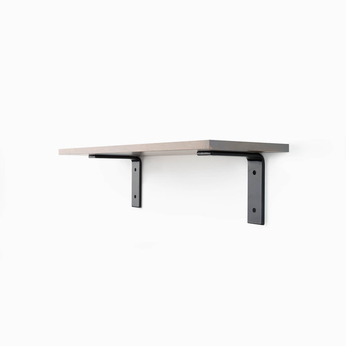 Leif Hatch Grey Wall Shelf with satin clear alder wood and matte black metal L brackets for functional wall display