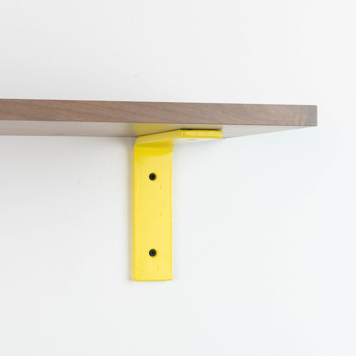 Leif Hatch Grey Wall Shelf with solid alder wood and bright yellow metal L bracket for durable floating shelf support