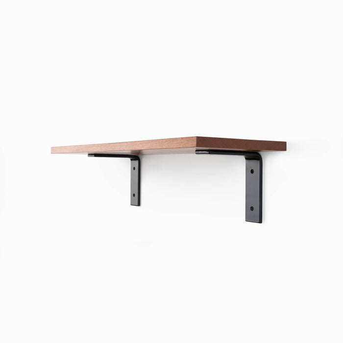 Leif Mahogany Wall Shelf with smooth mahogany glue-up and sturdy black metal L bracket for sleek floating shelf display