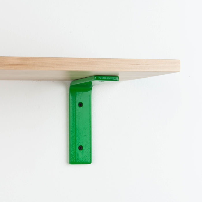 Leif Maple Wall Shelf with smooth maple glue-up and vibrant green metal L bracket for sturdy floating shelf support