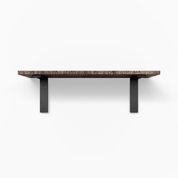 Leif Nutmeg Rustic Wall Shelf with solid alder wood in satin clear finish and matte black metal L brackets for sturdy display