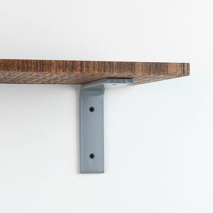 Leif Nutmeg Rustic Wall Shelf with satin clear alder wood and smooth grey metal bracket for sturdy display
