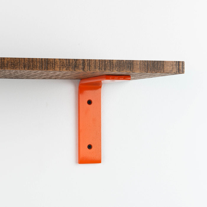 Leif Nutmeg Rustic Wall Shelf with solid alder wood and vibrant orange metal L bracket for sturdy wall display