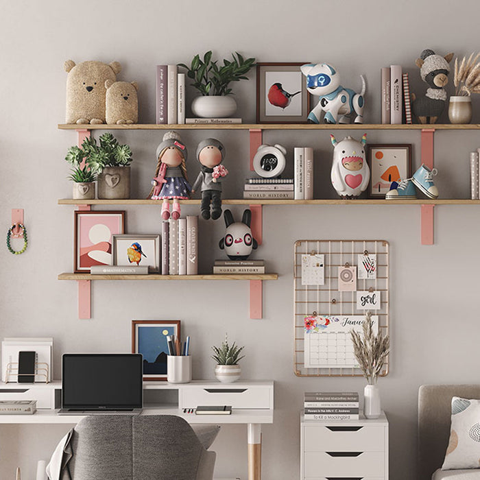 Leif Dutch Mocha Wall Shelf with solid alder wood and satin finish, supported by soft pink metal L brackets for display and organization