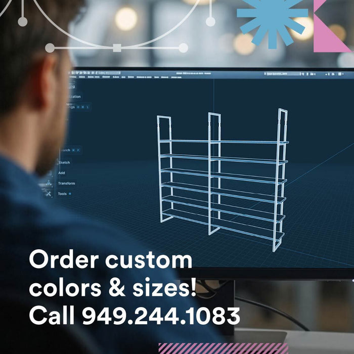 Person viewing a 3D digital model of the Verne Alder 2 Tiered Shelf on a computer screen, showcasing customizable shelving design options for tailored wall organization.