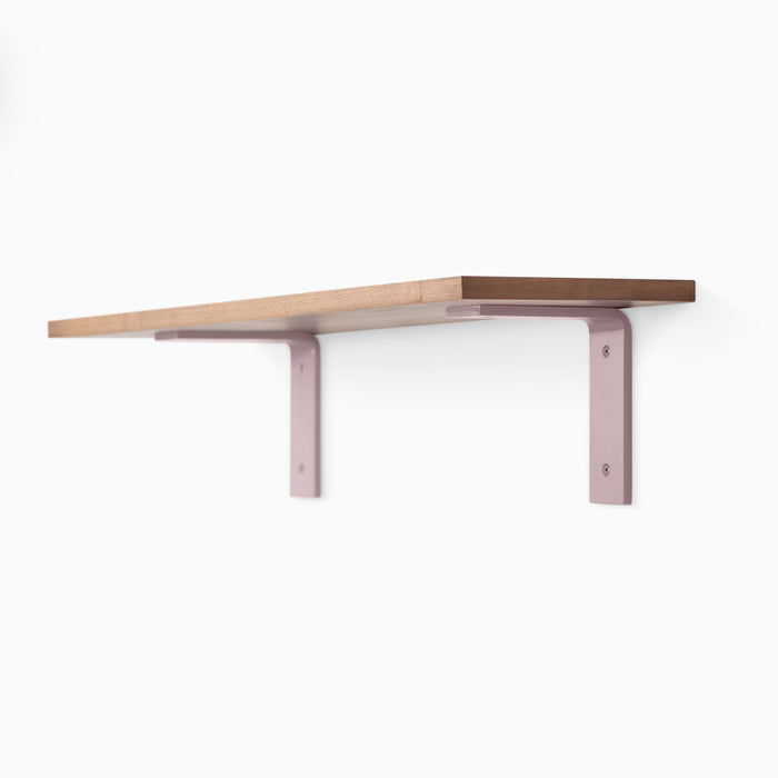 Leif Nutmeg Wall Shelf with smooth satin alder wood and pastel pink metal L brackets for stylish wall storage