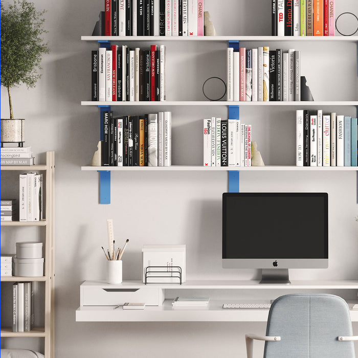 Leif Arsenic Wall Shelf with solid alder wood and wide blue metal L brackets for modern floating shelf and workspace display