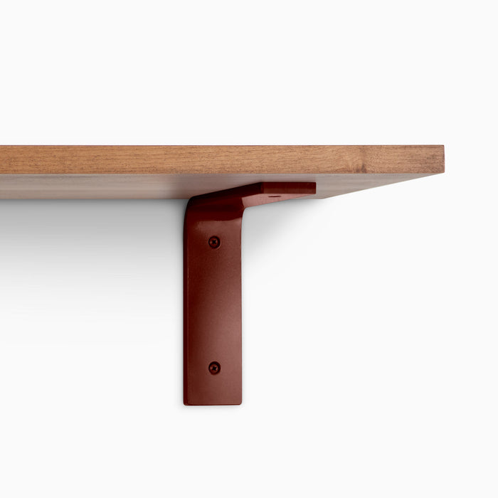 Leif Nutmeg Wall Shelf with satin clear alder wood and rich reddish-brown metal L bracket for sturdy support