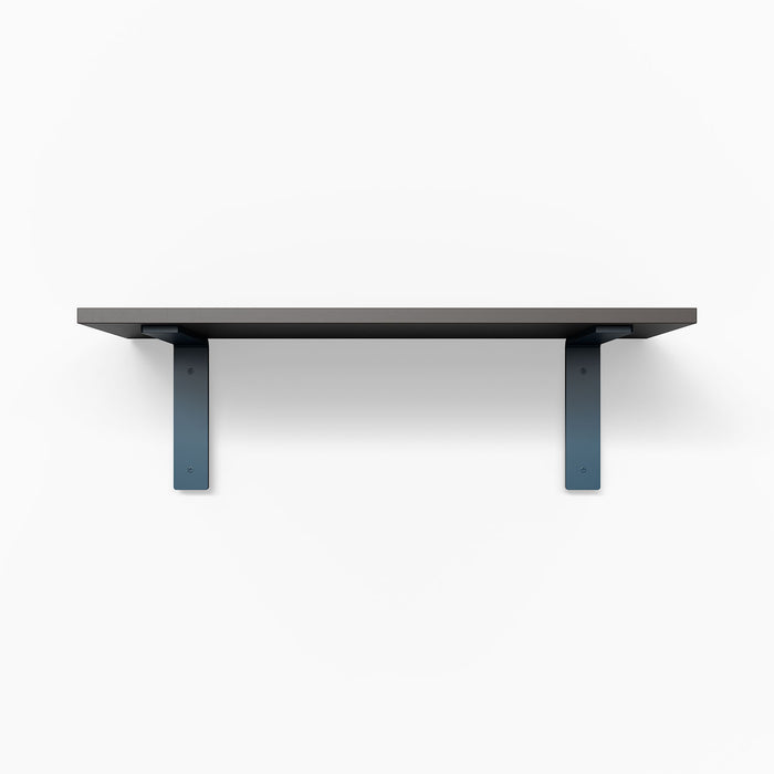 Leif Tungsten Wall Shelf with solid alder wood and wide matte blue metal brackets for minimalist wall shelf display and organization