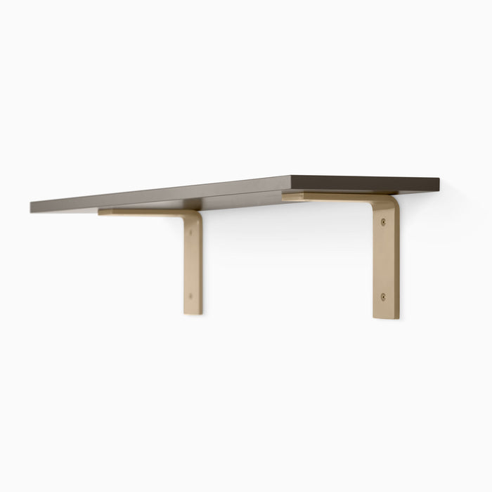 Leif Tungsten Wall Shelf with satin clear alder wood and wide beige metal brackets for versatile floating shelf display and organization