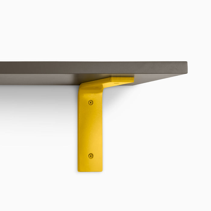 Leif Tungsten Wall Shelf with solid alder wood and bright yellow metal L bracket for bold floating shelf display and support