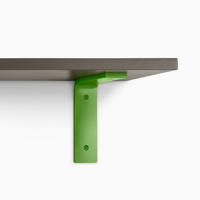 Leif Tungsten Wall Shelf with satin clear alder wood and bold green metal L bracket for sturdy floating shelf support