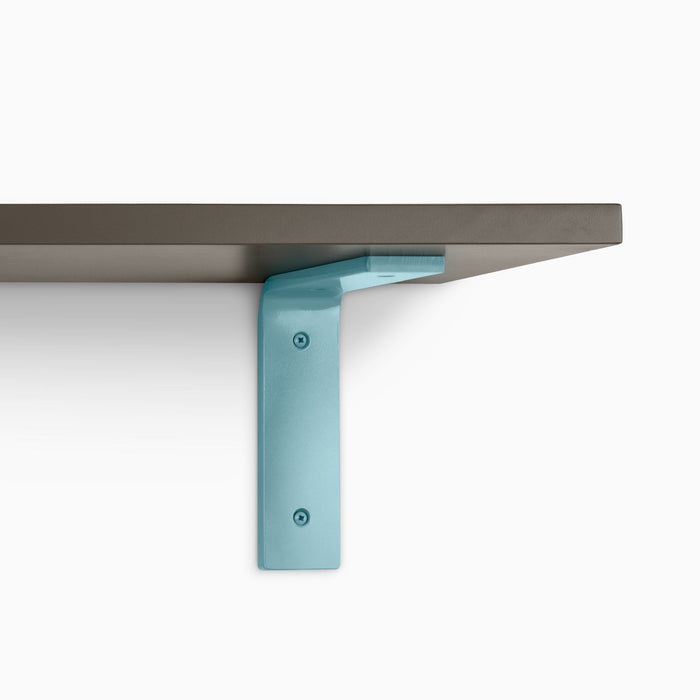 Leif Tungsten Wall Shelf with satin clear alder wood and sleek blue metal L bracket for sturdy floating shelf support