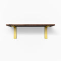 Leif Walnut Wall Shelf with rich walnut glue-up and bold yellow metal floating shelf brackets for minimalist wall display