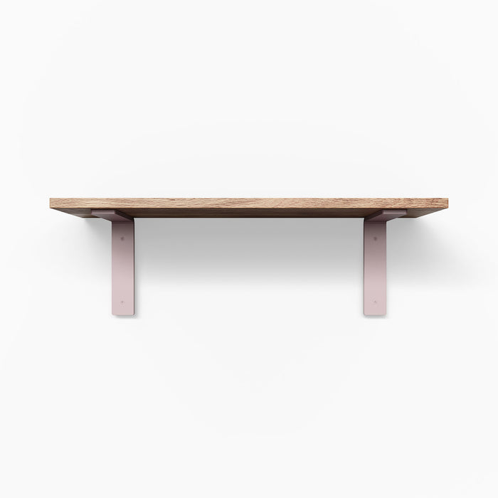 Leif White Oak Wall Shelf with smooth white oak glue-up and soft pink metal L brackets for elegant floating shelf support