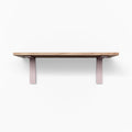 Leif White Oak Wall Shelf with smooth white oak glue-up and soft pink metal L brackets for elegant floating shelf support