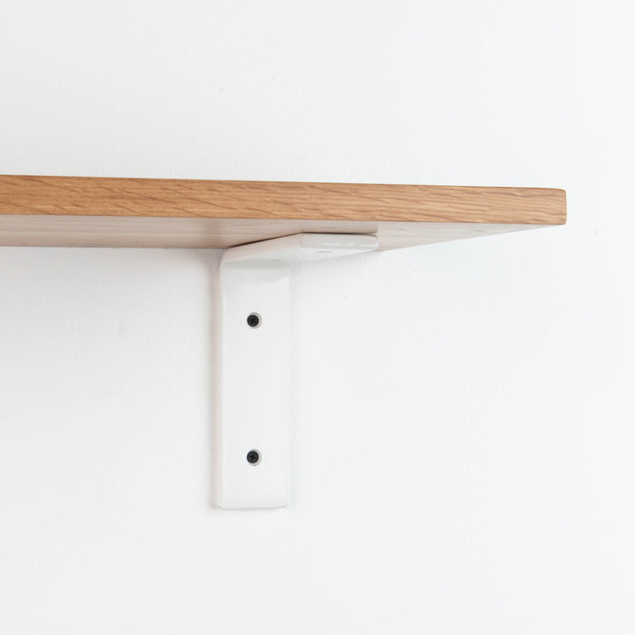 Leif White Oak Wall Shelf with smooth white oak glue-up and white metal L bracket for clean, minimalist wall display