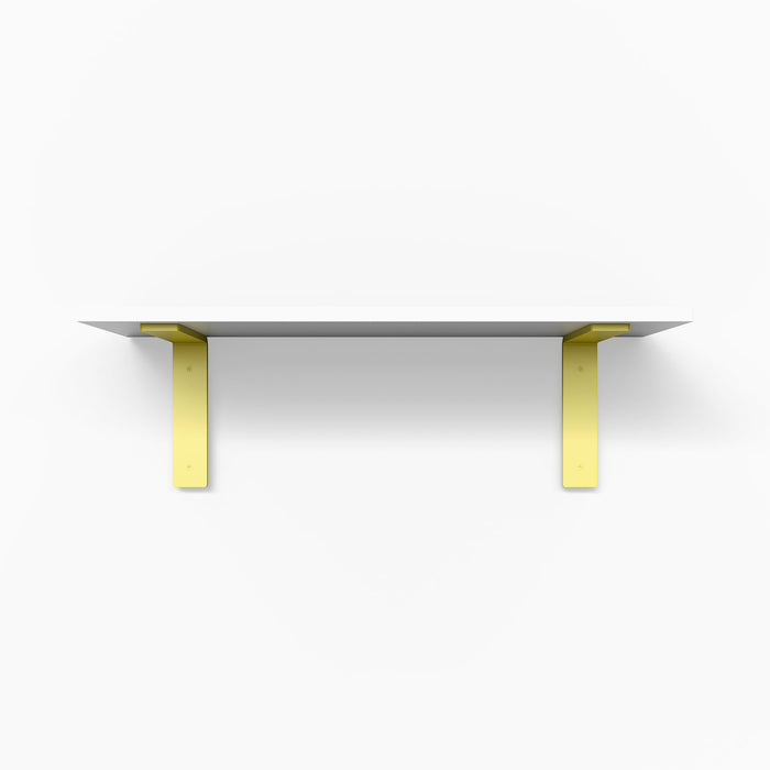 Leif White Wall Shelf with satin finish Alder wood and yellow metal floating shelf brackets for modern wall display and organization