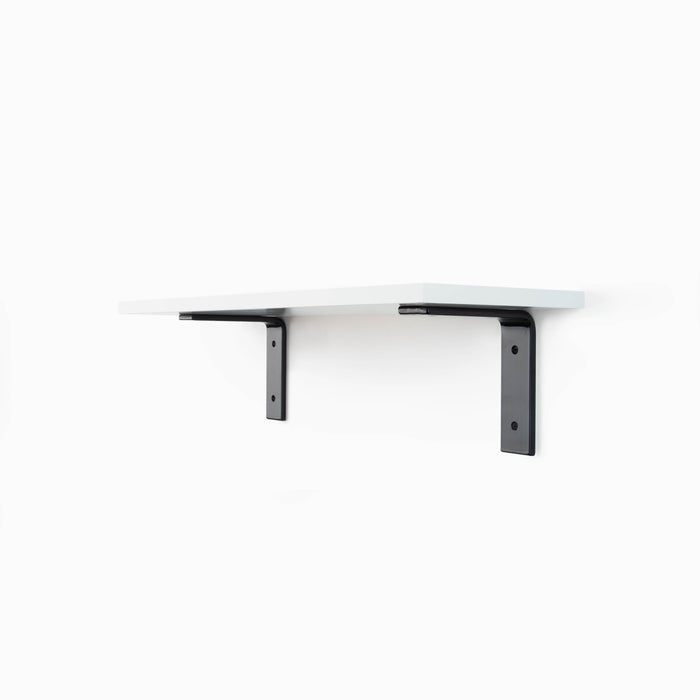 Leif White Wall Shelf with satin alder wood surface and black metal L brackets for sturdy floating shelf support