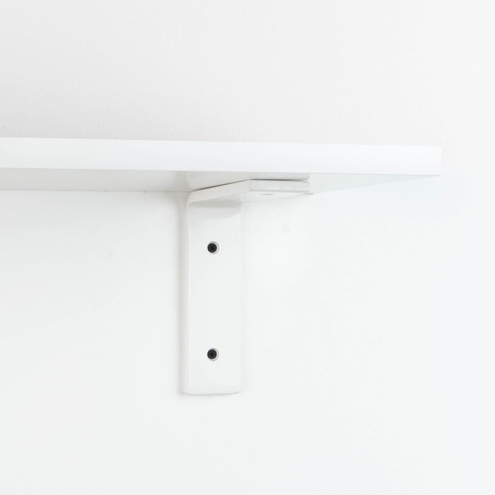 Leif White Wall Shelf with satin clear alder wood and white metal L bracket for sleek wall shelf support
