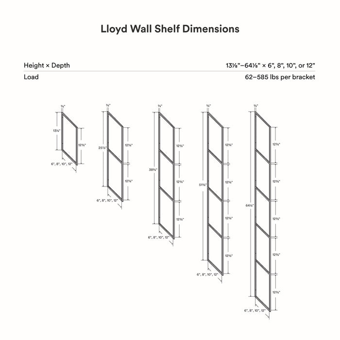 Lloyd Concretey 4 Tiered Shelf metal brackets shown in various sizes for wall shelf installation and support.