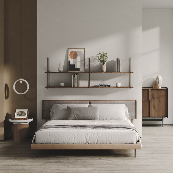 Lloyd Nutmeg Rustic 2 Tiered Shelf in modern bedroom with minimalist decor and floating shelf brackets by Shelfology