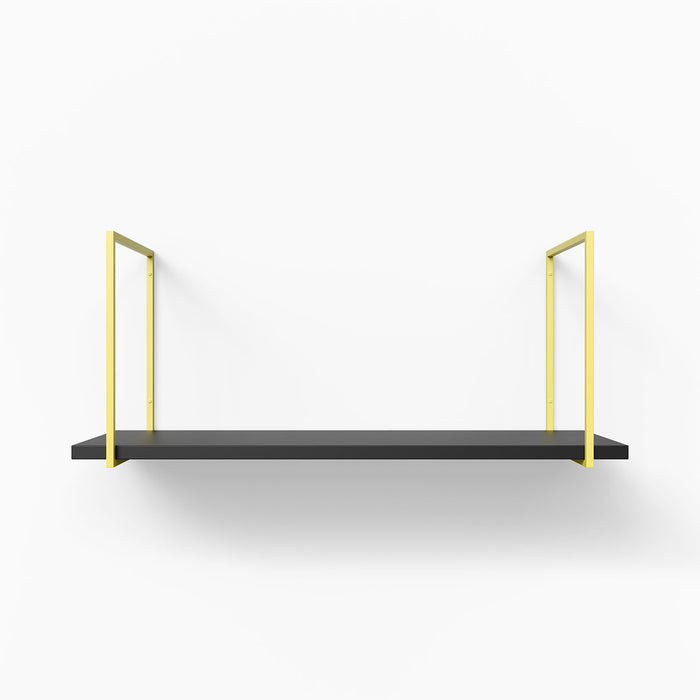 Lloyd Black Tiered Shelf with sleek black ledge and vibrant yellow metal floating shelf brackets for modern wall display