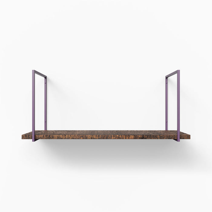 Lloyd Espresso Rustic Tiered Shelf with textured espresso wood ledge and minimalist purple metal floating shelf brackets for wall display